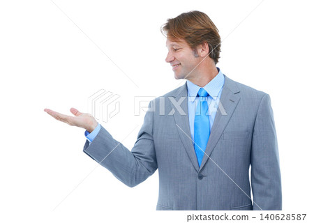 Happy, businessman and palm with choice in advertising or marketing on a white studio background. Face or profile of man or employee with smile, hand out or presentation for selection on mockup space Happy, businessman and palm with choice in advertising or marketing on a white studio background. Face or profile of man or employee with smile, hand out or presentation for selection on mockup space 140628587
