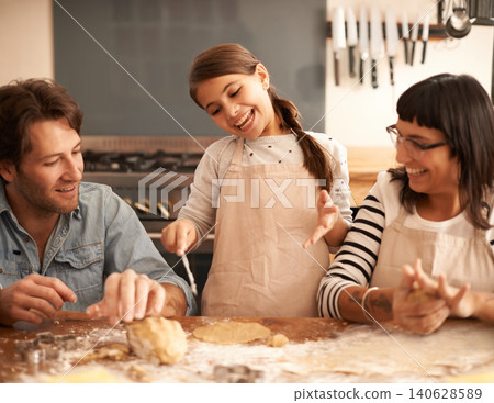 Mother, father and child with baking dough in kitchen with flour, happiness and teaching with support. Family, parents and girl with helping, learning and bonding with cooking for hobby and playing Mother, father and child with baking dough in kitchen with flour, happiness and teaching with support. Family, parents and girl with helping, learning and bonding with cooking for hobby and playing 140628589