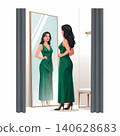 Elegant Woman Trying on Dress in Boutique Mirror 140628683