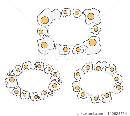 Fried Egg oval frame set. Egg template hand drawn illustration. Vector colored graphic line art. Breakfast Wreath and Copy Space Sample poster, invitation, holiday banner, postcard. Fried Egg oval frame set. Egg template hand drawn illustration. Vector colored graphic line art. Breakfast Wreath and Copy Space Sample poster, invitation, holiday banner, postcard. 140628734