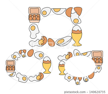 Egg whole fried, boiled, fresh oval frame set. Egg template hand drawn illustration. Vector graphic line art. Perfect for cafe logo, poster, invitation, backdrop, ad, sale promotion, print Egg whole fried, boiled, fresh oval frame set. Egg template hand drawn illustration. Vector graphic line art. Perfect for cafe logo, poster, invitation, backdrop, ad, sale promotion, print 140628735