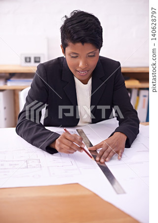 Architecture, civil engineering or woman drawing on blueprint or paper for development project. Measure, blueprint or female designer with ruler or pencil for sketching floor plan of office building Architecture, civil engineering or woman drawing on blueprint or paper for development project. Measure, blueprint or female designer with ruler or pencil for sketching floor plan of office building 140628797