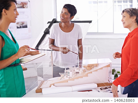 Talking, floor plan or engineering team drawing for development project and planning on paper. Architecture, women or group of designers with collaboration for sketching blueprint of office building 140628803