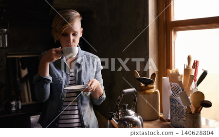 Morning, tea and woman in kitchen drink on calm break and routine process in home. Healthy, matcha or person in house with breakfast beverage to start holiday or vacation or relax with espresso latte Morning, tea and woman in kitchen drink on calm break and routine process in home. Healthy, matcha or person in house with breakfast beverage to start holiday or vacation or relax with espresso latte 140628804