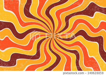 Retro background with pattern of groovy spiral rays. Psychedelic radial summer bg. 70s abstract color poster. Funky sunburst backdrop. Vector illustration 140628859