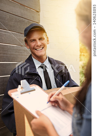 Woman, smile and signature for package, delivery man and shipping order with paperwork and parcel. Cardboard box, sign and courier with document, form and service of distribution worker with customer Woman, smile and signature for package, delivery man and shipping order with paperwork and parcel. Cardboard box, sign and courier with document, form and service of distribution worker with customer 140628893