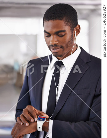 Office, earphones or businessman with smart watch for time technology or device for schedule. Black man, formal outfit or screen display network gadget for radio or music app, podcast or notification 140628927