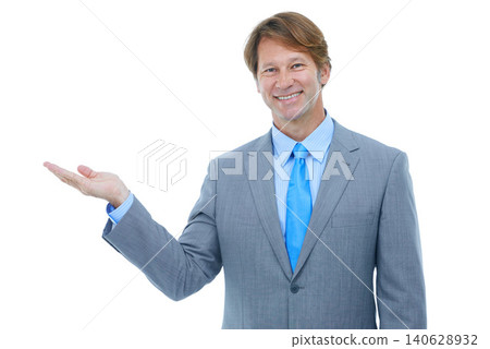 Happy businessman, portrait and palm with choice in advertising or marketing on a white studio background. Face of man or employee with smile or hand out for selection or presentation on mockup space Happy businessman, portrait and palm with choice in advertising or marketing on a white studio background. Face of man or employee with smile or hand out for selection or presentation on mockup space 140628932