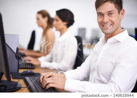 Businessman, portrait and computer with team in call center for email, support or online service at office. Happy man, agent or employee consultant with smile on PC in group or agency at workplace Businessman, portrait and computer with team in call center for email, support or online service at office. Happy man, agent or employee consultant with smile on PC in group or agency at workplace 140628944