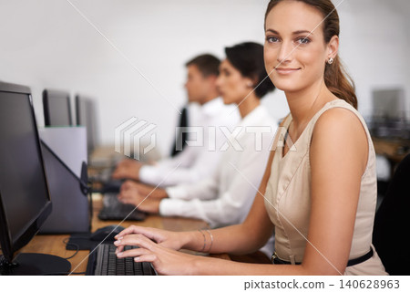 Business woman, portrait and computer with team in call center for email, support or online service at office. Female person, agent or employee with smile on desktop PC with group or agency for help Business woman, portrait and computer with team in call center for email, support or online service at office. Female person, agent or employee with smile on desktop PC with group or agency for help 140628963