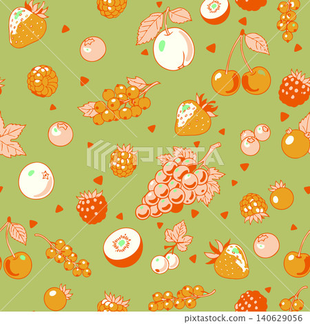 Seamless vector pattern with hand drawn orange summer fruits and berries. Fresh organic food background for kitchen textile, fabric, wrapping paper. Seamless vector pattern with hand drawn orange summer fruits and berries. Fresh organic food background for kitchen textile, fabric, wrapping paper. 140629056
