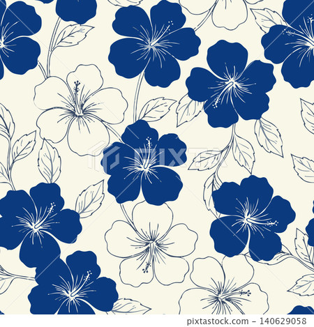 Seamless pattern with blue and white hibiscus flowers. Vintage tropical Hawaiian background for fabric, wallpaper, wrapping paper, textile. Seamless pattern with blue and white hibiscus flowers. Vintage tropical Hawaiian background for fabric, wallpaper, wrapping paper, textile. 140629058