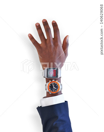 Hand, analog or businessman with smart watch for time technology or device on white background in studio. Closeup, two options or entrepreneur screen display on gadget for futuristic app or choice Hand, analog or businessman with smart watch for time technology or device on white background in studio. Closeup, two options or entrepreneur screen display on gadget for futuristic app or choice 140629068