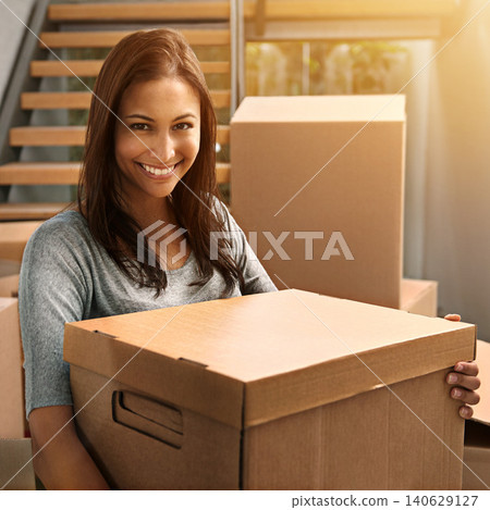 Woman, package and boxes with smile portrait from delivery, order or moving for real estate and property. Cardboard, shipping and shipment and happy homeowner with packing and parcel by house stairs Woman, package and boxes with smile portrait from delivery, order or moving for real estate and property. Cardboard, shipping and shipment and happy homeowner with packing and parcel by house stairs 140629127