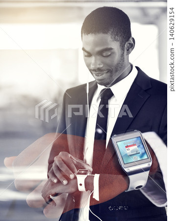 Businessman, hand and smart watch with double exposure for digital agenda, online schedule and high tech. Black person, suit and arm with future technology for network, screen display and check time 140629154