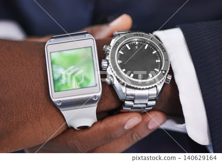Business, person and smart watch or screen icon for futuristic schedule or planning, interface or technology. Hands, wrist and networking for digital communication or online, display or corporate 140629164