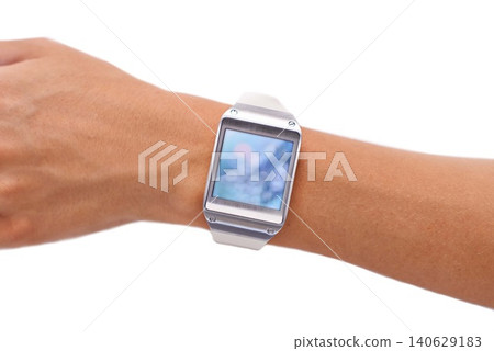 Hand, smart watch and icons technology or screen for schedule planning on white background, location or studio. .Person, wrist and display network gadget or futuristic applications, notes or browsing Hand, smart watch and icons technology or screen for schedule planning on white background, location or studio. .Person, wrist and display network gadget or futuristic applications, notes or browsing 140629183