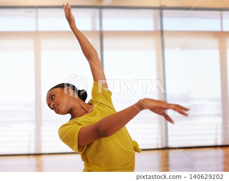 Dance, ballet and woman in fitness studio for performance, show or theater rehearsal. Art, balance or female dancer with classic, beauty or movement for ballroom, steps or warm up for stage training 140629202