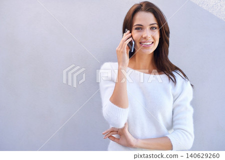 Smartphone, wall and portrait of woman with phone call for communication, conversation and contact. Female person, smile and technology with networking, connection and mockup on white background Smartphone, wall and portrait of woman with phone call for communication, conversation and contact. Female person, smile and technology with networking, connection and mockup on white background 140629260