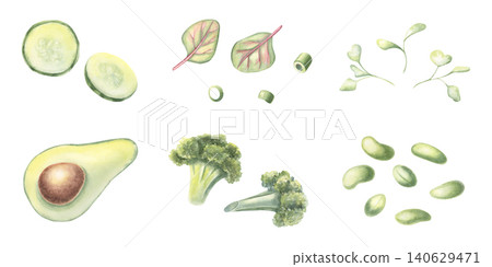 Green vegetables set, avocado, cucumber slices, broccoli, beans, microgreens, scallions. Hand-painted watercolor isolated on white for healthy food branding, poke menu, packaging, wellness design Green vegetables set, avocado, cucumber slices, broccoli, beans, microgreens, scallions. Hand-painted watercolor isolated on white for healthy food branding, poke menu, packaging, wellness design 140629471