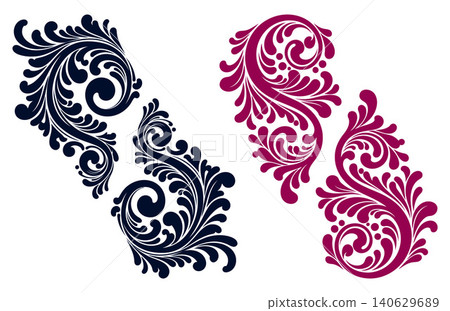 A collection of traditional ornamental scroll flourishes, arranged as corners for elegant decorative border elements A collection of traditional ornamental scroll flourishes, arranged as corners for elegant decorative border elements 140629689