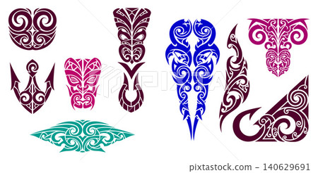 A diverse collection of stylized Polynesian and Maori cultural motifs with masks, anchor, and hook shapes A diverse collection of stylized Polynesian and Maori cultural motifs with masks, anchor, and hook shapes 140629691