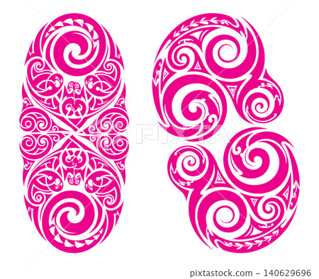 Abstract tribal style oval and tear drop shapes adorned with intricate Polynesian swirl patterns and lines 140629696