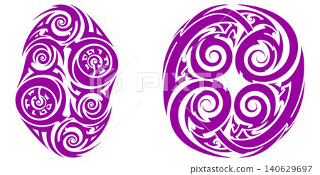 Abstract tribal swirl patterns in circular and oval shapes for cultural graphics and textile prints Abstract tribal swirl patterns in circular and oval shapes for cultural graphics and textile prints 140629697