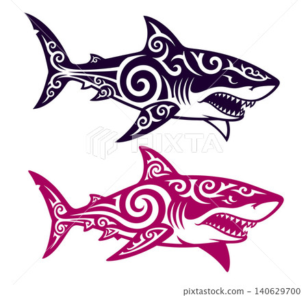 Aggressive tribal style shark vector illustrations with decorative swirl patterns, suitable for mascot designs Aggressive tribal style shark vector illustrations with decorative swirl patterns, suitable for mascot designs 140629700