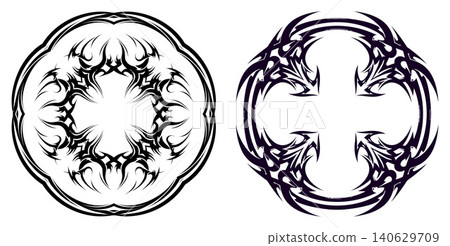 Bold circular tribal patterns with sharp spiky details for strong emblem or tattoo designs Bold circular tribal patterns with sharp spiky details for strong emblem or tattoo designs 140629709