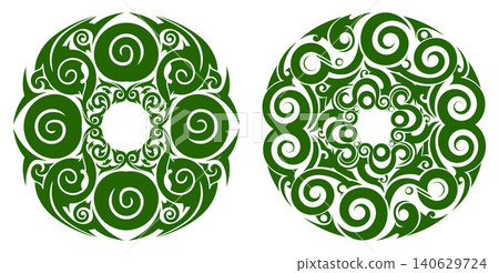Circular tribal ornamental patterns with intricate swirling motifs and symmetrical round shapes for medallions Circular tribal ornamental patterns with intricate swirling motifs and symmetrical round shapes for medallions 140629724