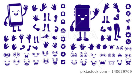 Cute smartphone character with diverse hand gestures and expressive facial reactions for user interface elements Cute smartphone character with diverse hand gestures and expressive facial reactions for user interface elements 140629769