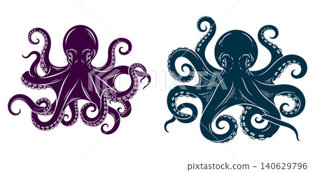 Detailed illustration of an octopus with intricate swirling tentacles, showcasing a dynamic marine creature from the ocean depths Detailed illustration of an octopus with intricate swirling tentacles, showcasing a dynamic marine creature from the ocean depths 140629796