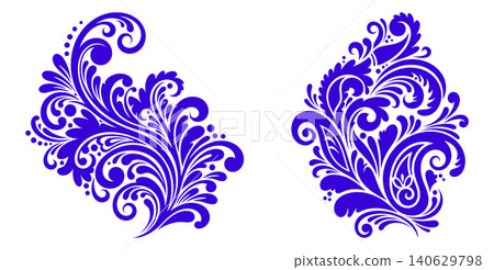 Detailed paisley inspired flourish designs with flowing lines and intricate scrollwork, suitable for ornate textile prints or decorative accents 140629798