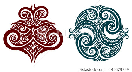 Detailed Polynesian inspired ornamental patterns featuring intricate traditional swirling koru elements and symmetrical flowing shapes Detailed Polynesian inspired ornamental patterns featuring intricate traditional swirling koru elements and symmetrical flowing shapes 140629799
