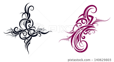 Distinct pair of stylized tribal ornaments, one resembling an angular cross and the other a flowing flourish, suitable for graphic accents Distinct pair of stylized tribal ornaments, one resembling an angular cross and the other a flowing flourish, suitable for graphic accents 140629803