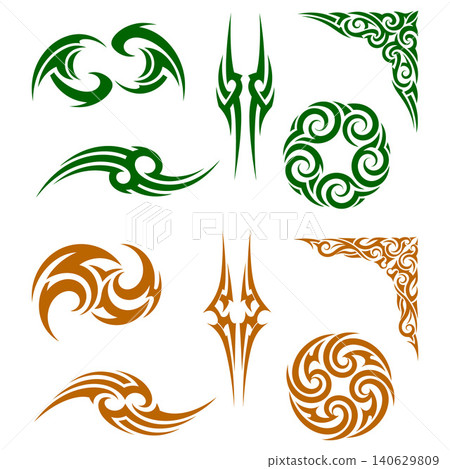 Diverse collection of decorative tribal elements with sharp angles and flowing curves suitable for borders and graphic accents Diverse collection of decorative tribal elements with sharp angles and flowing curves suitable for borders and graphic accents 140629809