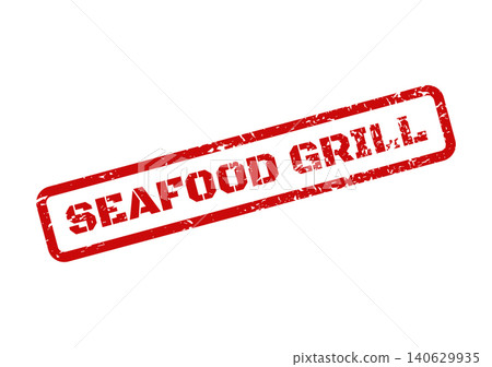 Aged red rubber stamp design with bold lettering seafood grill inside a rectangular textured border concept 140629935
