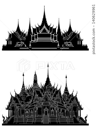 Classic Thai temple silhouette with elegant spires and multi tiered roofs capturing traditional Southeast Asian architecture Classic Thai temple silhouette with elegant spires and multi tiered roofs capturing traditional Southeast Asian architecture 140629961