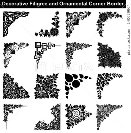 Collection of diverse ornamental corner borders featuring various filigree styles and elegant decorative elements Collection of diverse ornamental corner borders featuring various filigree styles and elegant decorative elements 140629964