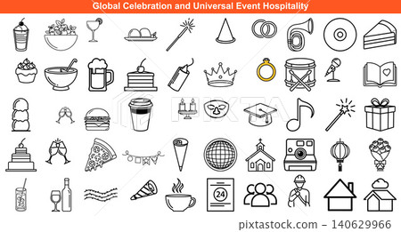 Collection of global celebration event icons featuring food, music, and party elements in outline style Collection of global celebration event icons featuring food, music, and party elements in outline style 140629966