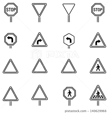 Collection of global traffic and road safety signage outline symbols for navigation Collection of global traffic and road safety signage outline symbols for navigation 140629968
