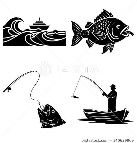 Collection of marine life and fishing activities featuring a boat, angler, fish, and ocean waves 140629969