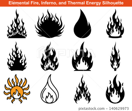 Collection of various fire and flame silhouettes along with a sun symbol depicting heat and energy Collection of various fire and flame silhouettes along with a sun symbol depicting heat and energy 140629973