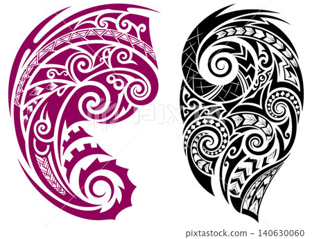 Dynamic traditional tribal pattern design element featuring flowing curves and sharp geometric shapes for visual projects 140630060