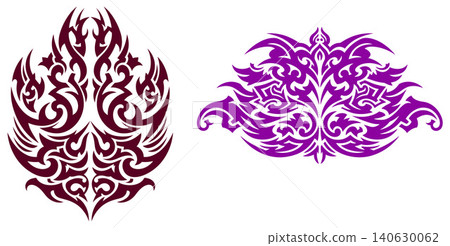 Dynamic tribal inspired decorative elements featuring strong lines and complex symmetrical flame like shapes Dynamic tribal inspired decorative elements featuring strong lines and complex symmetrical flame like shapes 140630062