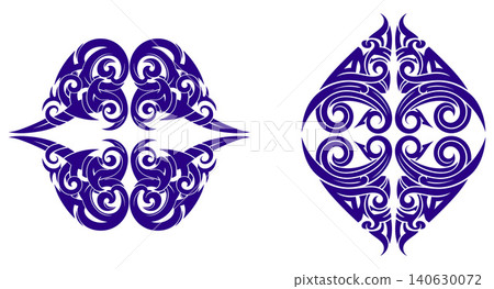 Elaborate symmetrical tribal art inspired vector motifs featuring flowing lines and pointed elements 140630072