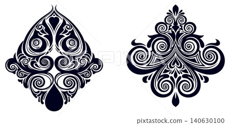 Elegant ornamental scrollwork elements in a classic baroque style with intricate symmetrical swirls and floral accents Elegant ornamental scrollwork elements in a classic baroque style with intricate symmetrical swirls and floral accents 140630100