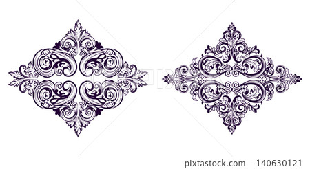 Elegant symmetrical scrollwork ornament for luxury invitations and certificate designs with intricate leaf patterns Elegant symmetrical scrollwork ornament for luxury invitations and certificate designs with intricate leaf patterns 140630121