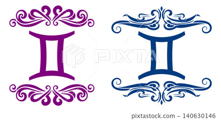 Gemini zodiac sign vector illustration framed by elegant scrollwork flourishes, representing astrological twins Gemini zodiac sign vector illustration framed by elegant scrollwork flourishes, representing astrological twins 140630146